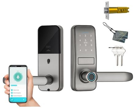 Smart Lock, Keyless Entry with Sleek Matte Black Handle, Electronic Keypad Deadbolt,Fingerprint & Touchscreen Keypad, Biometric Bluetooth Smart Lock for Front Door