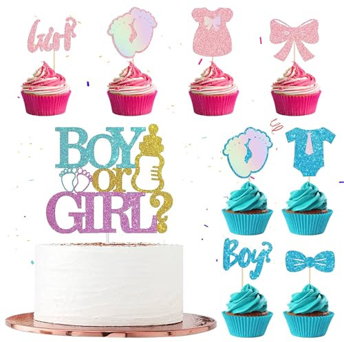 Gender Reveal Tortendeko Babyparty Deko - 9 Stück Baby Shower Dekoration, Boy or Girl Geburtstag Cake Topper, Blau Rosa Glitzer Kuchen Cupcake, für Junge Mädchen Gender Reveal, Taufe, babyshowerparty