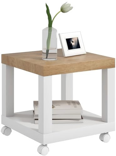 HOMCOM Mesita Auxiliar con Ruedas Mesa Auxiliar con Estante Abierto Mesa para Sofá Sala Dormitorio 40x40x40 cm Natural y Blanco