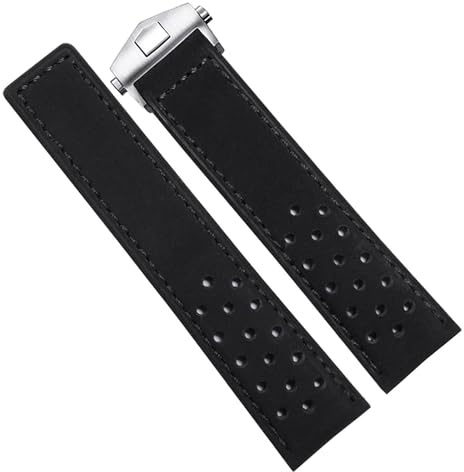 hoosouk Echtes Lederarmband für TAG Heuer-Uhrenarmband mit Faltschließe(Black-silver,22mm)