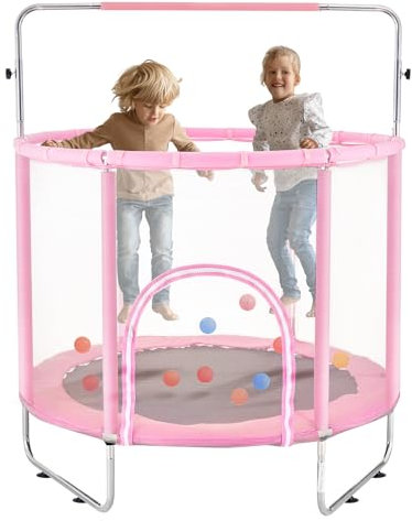 VEVOR 55 Kids Trampoline, 4.6FT Indoor Outdoor Trampoline, Mini Toddler Recreational Trampolinewith Safety Enclosure Net and Basketball Hoop, Birthday Gifts Christmas Toys for 3+ Years Children, Pink