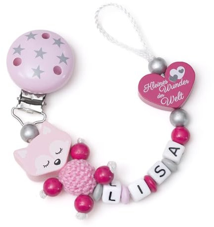 Personalisierte Baby Nuckelkette mit Namen – Verschiedene Modelle für Jungen und Mädchen, Perfektes Geschenk für Babys (Schlafender Fuchs, babyrosa, dunkelpink, kleines Wunder der Welt)