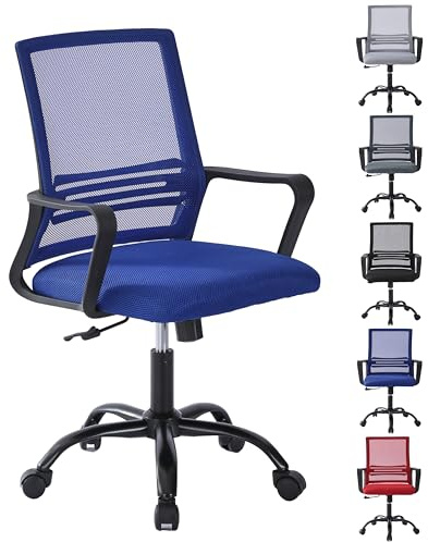 mcc direct Verstellbarer Bürostuhl, ergonomischer Netz-Drehstuhl mit gepolstertem Sitzkissen, höhenverstellbarer Computerstuhl mit Lendenwirbelstütze und Drehschaukel für Zuhause, Büro - MESH (Blau)