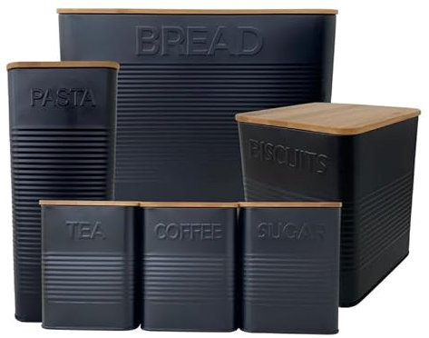 Bread Bin Bins Biscuit Barrel Jar Jars Tea Coffee and Sugar Canister Canisters Storage Set Sets Black Evanmore Airtight Pasta Box Bamboo Lid Lids Metal Tin Tins Containers Kitchen (Full Set of 6 Tins)