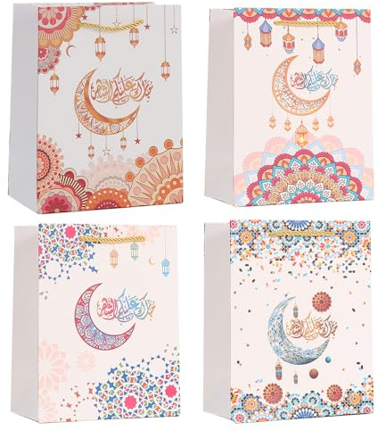 Colodeol 4 Stück große Eid Mubarak Geschenktüten, Ramadan-Geschenktüten aus Papier mit Griffen, Ramadan-Leckerli-Partyzubehör, Eid-Party-Dekoration