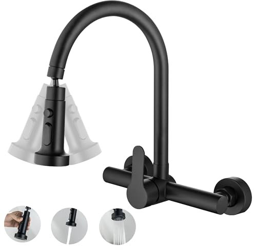 LIWEIKE Grifo Cocina Pared Negro, Grifos Cocina Fregadero Pared 2 modos de pulverización Giratorio a 360​°, Acero inoxidable 304