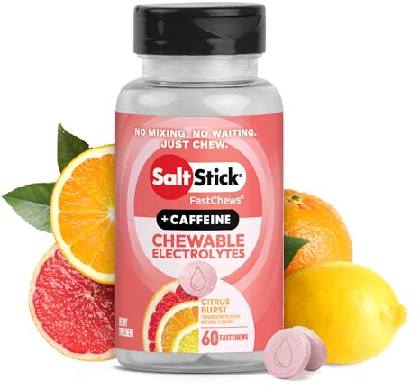 SaltStick Chewable Electrolytes with Caffeine - 60 Citrus Burst Electrolyte Energy Tablets - Just Chew It, Electrolyte Energy Chews for Hydration - 60 Count