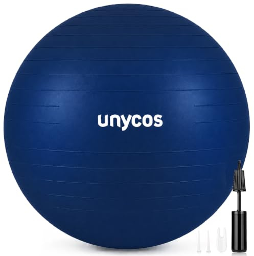 unycos - Gymnastikball 65 cm Sitzball Trainingsball für Yoga, Fitness, Medizinball, Balance Ball, Core Training Strength, Pilates-Ball | Inkl. Pumpe, BPA-Frei, Anti-Burst (Dunkelblau mit Logo)