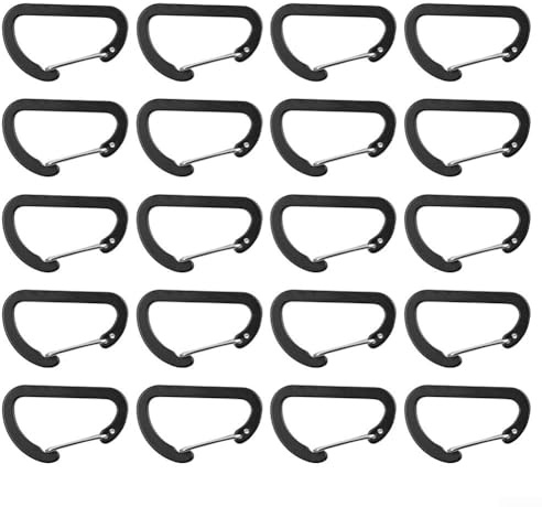 Lot de 20 mousquetons à dégagement rapide en alliage d'aluminium pour corde de tente, camping, randonnée, sacs à dos et équipement de plein air (noir)
