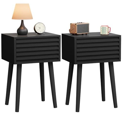 YMYNY Nachttisch 2er Set, Beistelltisch, Mid-Century-Modern Nachtschrank mit Drucktüröffner, Massivholz Beinen, 35x27x53 cm, Sofatisch, Couchtisch für Wohnzimmer, Schlafzimmer Schwarz HST018B-2