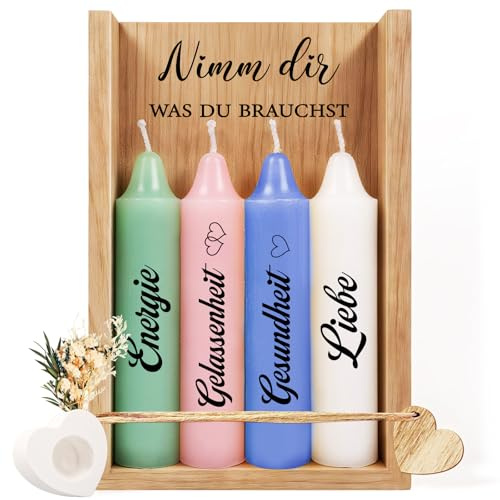 TUZELIYA Kerzenset mit Kerzenständer, Geschenke für Frauen, Geschenke für Mama Freundin Schwester Kollegin zum Geburtstag, Nimm dir was du brauchst Kerzen, Holzbox Deko