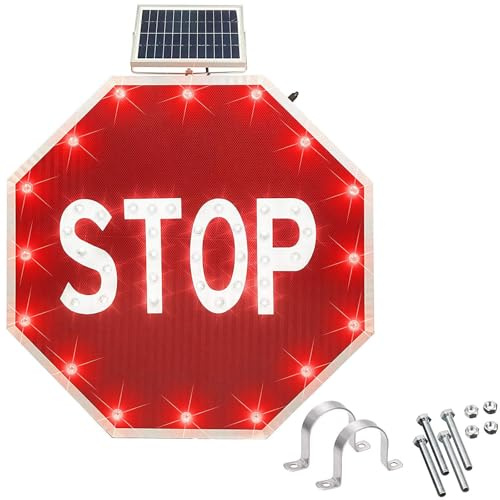 XifeZylith 24 30 Panneau Stop Clignotant À LED Énergie Solaire, Panneau D'arrêt Octogonal Panneau Stop Lumineux en Aluminium - Panneaux Stop De Signalisation Routière Aide Au Stationnement