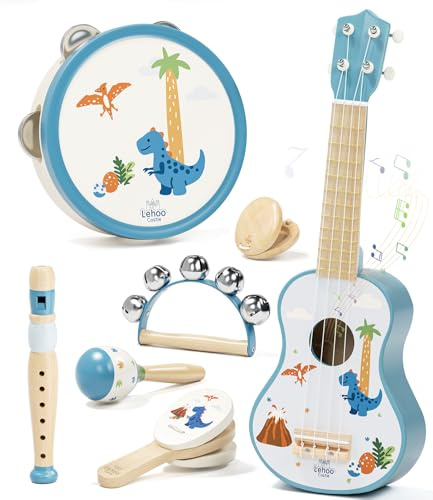 Lehoo Castle Chitarra per Bambini, 7 Strumenti Musicali Montessori Giochi, con ukulele, Tamburello, Flauto, Maracas, Giocattoli in Legno, Giocattoli Didattici, Regalo per bambini di 1, 2, 3 anni