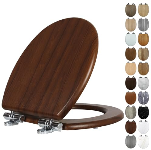 Fanmitrk Premium Walnut Toilet Seat Wooden Soft Close, Heavy Duty O-Shape Toilet Seat with Adjustable Strong Zinc Alloy Hinges, Comfortable, Durable, Easy Cleaning