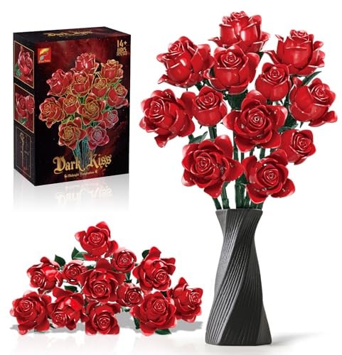 Rot Rosenstrauß Bausatz, 12 Künstliche Rosen Klemmbausteine Blumen (546PCS) | Geschenk für Ihn Sie zum Valentinstag, Botanicals Blumenstrauß, Geschenk für Geburtstag, Jahrestag, Muttertag, Heimdekoration