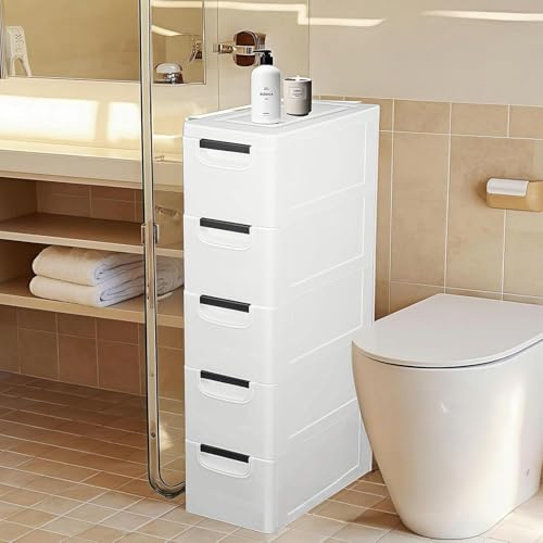 WUDLEP 5 Tier Slim Bathroom Floor Cabinet, Freestanding Compact Storage Cabinet with 5 Drawers, Mobile Drawer Organizer Unit for Living Room, Bedroom, White