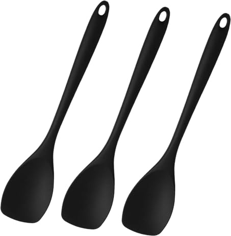 3 cucharas de cocina negras de 27,5 cm, resistentes al calor hasta 210 °C, antiadherentes, cucharas de silicona para cocina, cocina, hornear, revolver, utensilios antiadherentes, aptos para