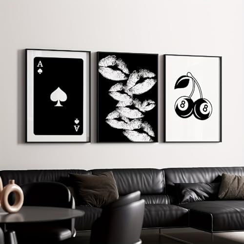 Xiyocadt 3er Poster Set Retro Street Art, Schwarz-Weiß Leinwanddrucke Mit Pik Ass, Lippenabdruck & Kirsche 8-Ball, Deko Für Gaming-Zimmer & Bar (21x30 cm)