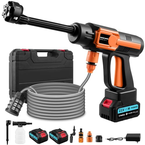 Hidrolimpiadora de Bateria, 3000W Hidrolimpiadora de Alta Presión Portátil, 120Bar/1750 PSI Pistola Agua Presion Bateria, Boquilla Ajustable6 En 1 con 2 Baterías de 21V 3000mAh Adecuado para Varios