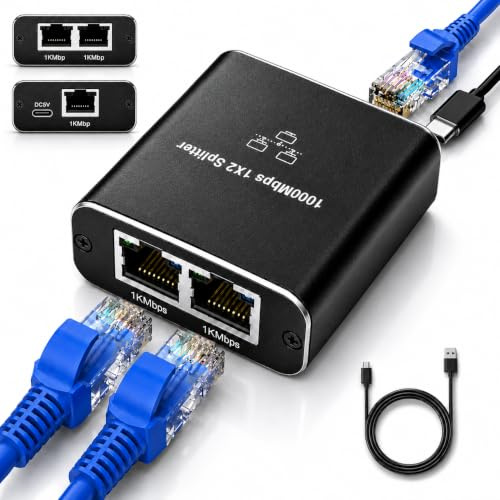 LAN Splitter 1 auf 2, LAN Switch, RJ45 Netzwerkverteiler mit USB Stromversorgung, Gigabit Adapter bis 1000Mbps für Cat5 Cat6 Cat7 Cat8 Kabel, PC Router Fernseher Modem Büro Zuhause