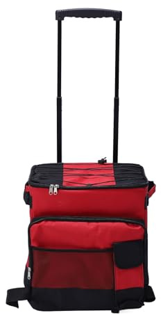 SIXRUN Rollkühler, 600D Oxford-Stoffkühler mit Rädern, 43 L, Faltbare, wasserdichte Isolierbox mit Verstellbaren Zugstangen-Netztaschen für Camping, Picknick, Reisen, Rot