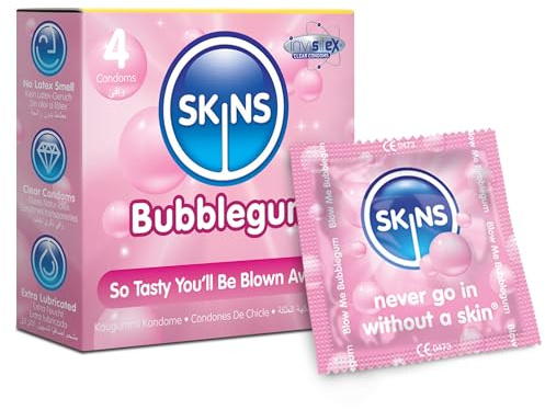 Premium Skins Bubblegum Flavoured Condoms for Oral and Intercourse - Ultra Thin Flavoured Condoms for Oral, Extra Flavoured Lube for Extra Pleasure - Discreet Pack of 4