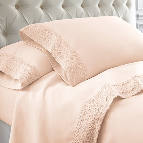 Modern Threads Includes Flat, Fitted Sheet with Deep Pockets, & Pillowcases Parure de lit 4 pièces en Microfibre avec Dentelle crochetée, Rose poudré, Entier