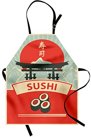 ABAKUHAUS Sushi Kochschürze, Torii-Tor Sushi Berge, Unisex-Küchenlätzchen mit verstellbarem Hals für Kochen Gartenarbeit, 67 cm x 80 cm, Blassblaugrün Scharlachrot