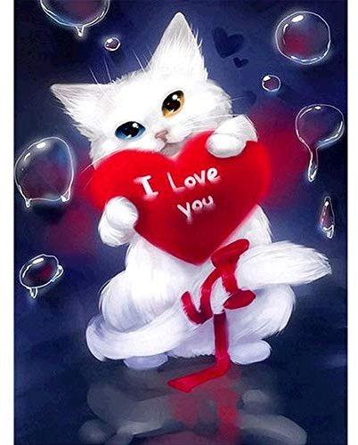 5D Diamond Painting Diamant Malerei Painting Bilder, Wowdecor Weiß Katze Rot Liebe Herz Blase Tiere Full Set Groß DIY Diamant Gemälde Malen Nach Zahlen
