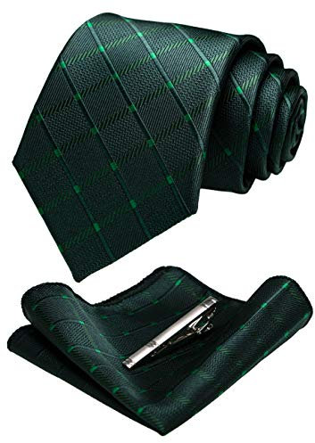 JEMYGINS Cravate Vert Foncé 2 Carreaux Homme en Soie et Pinces à cravate Carre de poche Set(12)