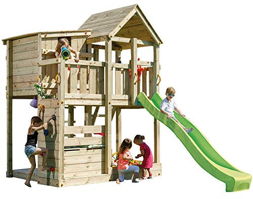 DEMMELHUBER Spielturm Palazzo mit Rutsche Kletterturm Sandkasten Spielhaus Lenkrad Kletterwand (Grün)