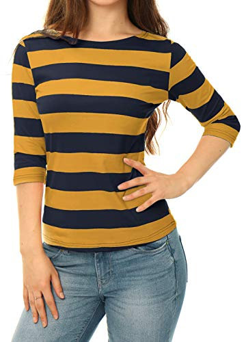 Allegra K Women's Slim Fit Elbow Sleeve Striped Boat Neck T-Shirt, Mustard Navy, M