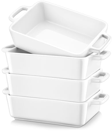 LOVECASA Porcelain gratin Dish 210ml Shallow Rectangular Set of 4 Small Tapas/Baking Dishes with Double Handle, Set of 4, White