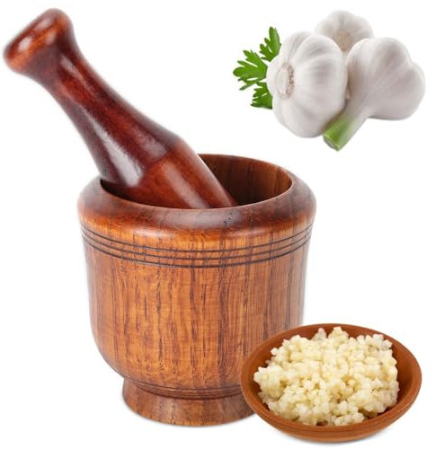 Mortar and Pestle Wooden Garlic Masher Hand Grinder Crusher Kitchen Gadgets Mixing Tool for Herbs, Spices & Seasonings