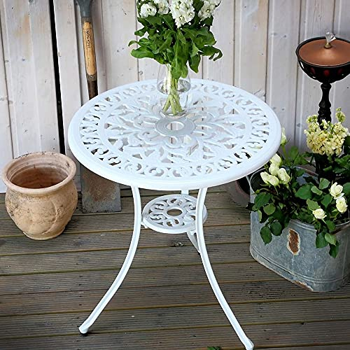 Lazy Susan Tulipe runder Gartentisch in Weiß mit 2 Rosenstühlen und Steinkissen, Sandguss-Aluminium | wetterfest | pflegeleicht | einfache Montage | 3 Jahre Garantie