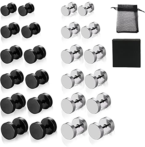 SwirlColor Ohrringe Herren Damen, Runde Schraubohrringe Barbell Ohrstecker Schwarz Herren Damen haben Gazenbeutel (12paare schwarz+silber)