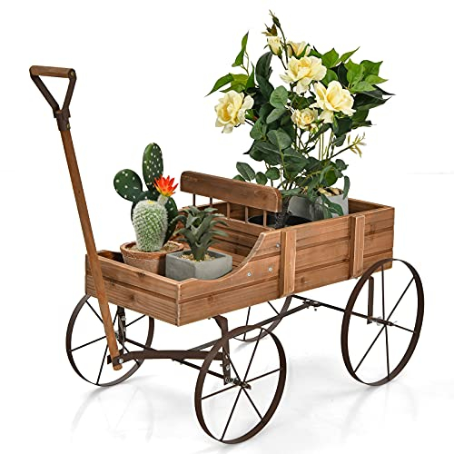 COSTWAY Blumenständer Holzwagen Pflanzwagen Blumenwagen mit Metall Rädern Blumenkasten Pflanzenständer für Garten und Terrasse 35x63x62,5cm (Braun)