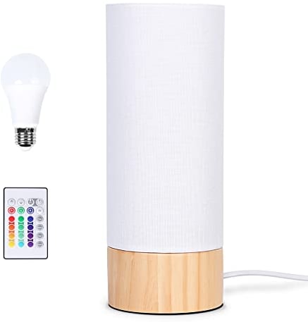 tomons Nachttischlampe aus Holz, Dimmbar RGB Tischlampe, mit Fernbedienung und Glühbirne, Skandinavischer Stil, Tischleuchte mit Stoffschirm, für Schlafzimmer, Wohnzimmer, Arbeitszimmer, Weiß