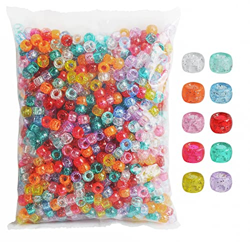 Simetufy Pony-Perlen, 6 x 9 mm, glitzernde, transparente Kunststoffperlen mit funkelndem Glitzer, sortiert, 10 Farben, für Bastelarbeiten, Schmuck, Armbänder, Haarflechten, Schlüsselanhänger