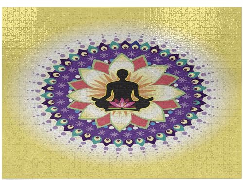 ABAKUHAUS Yoga Jigsaw Puzzle, Round Circle for Yoga Lotus Sitting Posture Peaceful Mind Workout Print, Heirloom-Quality Fun Activity for Family Durable Cardboard, 1000 pcs, Yellow Purple Black