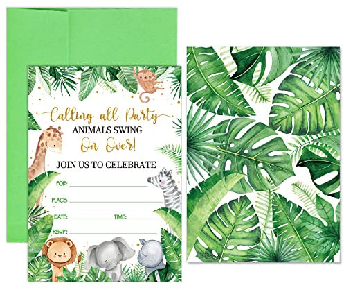 Faccito 24 Pcs Jungle Animals Birthday Party Invitations Jungle Baby Shower Invitation Cards Safari Animal Cards with Envelopes and Stickers for Kids Boys Girls Baby Shower Birthday Themed Party