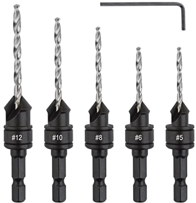 Gunpla Juego de 5 Piezas HSS Brocas Avellanadoras para Madera con Vástago Hexagonal de 1/4, Herramienta Chamfer Ajustable para Perforar Agujeros en Madera, Plástica y Metal