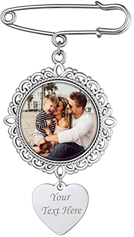 Custom4U Personalisierte Damen Foto Brosche Pin mit Gravur Memorial Rund Brosche Brautstrauß Anhänger mit Bild Silber Clip Schmuck DIY Frauen Mädchen Brosche Nadel Pullover Schal Clips
