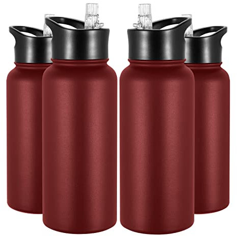 VQRRCKI 32 oz Stainless Steel Insulated Bulk Water Bottles with 2 Lids, BPA Free Reusable Metal Sports Water Bottles Set for Gym Travel Running Hiking Women Men, Red 4 Pack