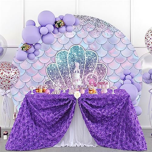 Fanqisi Tovaglia viola 228 x 390 cm con rosetta, tovaglia in raso per feste di compleanno, decorazione per tavolo da addio al nubilato, decorazioni per Halloween