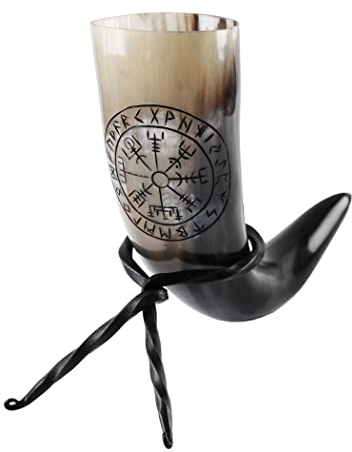 Battle-Merchant | Hochwertiges Wikinger Trinkhorn mit Ständer und Vegvísir Motiv | Rinderhorn graviert im Set mit Hornständer | Mittelalterliches Met-Horn bis zu 300ml