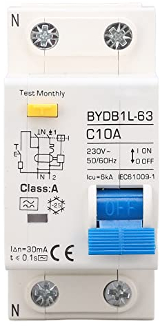Disjoncteur Miniature 230V, A Type 30mA 10A 1P N Disjoncteur à Courant Résiduel, Protecteur de Fuite Protection Contre les Surcharges Commutateur D'air pour Lignes de Distribution D'éclairage