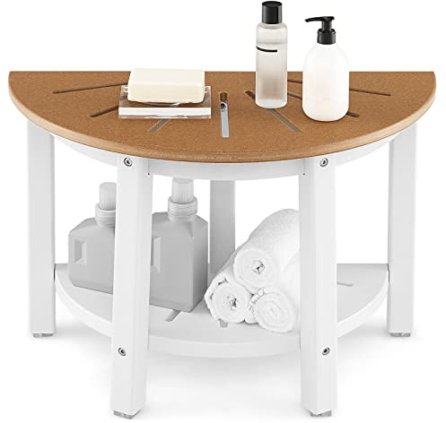 COSTWAY Corner Shower Stool, 2-Tier HDPE Spa Bath Stool Shower Seat with Storage Shelf, Waterproof Non-Slip Bathroom Bathtub Shower Chair Shaving Stool for Elderly Adults (Semicircular, White+Brown)