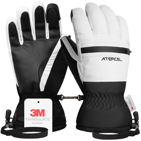 ATERCEL Skihandschuhe 3M Thinsulate Wasserdicht Touchscreen Warme Winter Snowboardhandschuhe für Herren und Damen (Weiß, S)