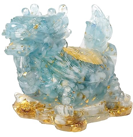 KYEYGWO Aquamarine Kristall Drachen-Schildkröte Figur Deko, Harz Chinesischer Drache Stein Statue Reichtum Goldmünze Skulptur Feng Shui Wohlstand Ornament Glück Sammlerfigur für Haus Büro